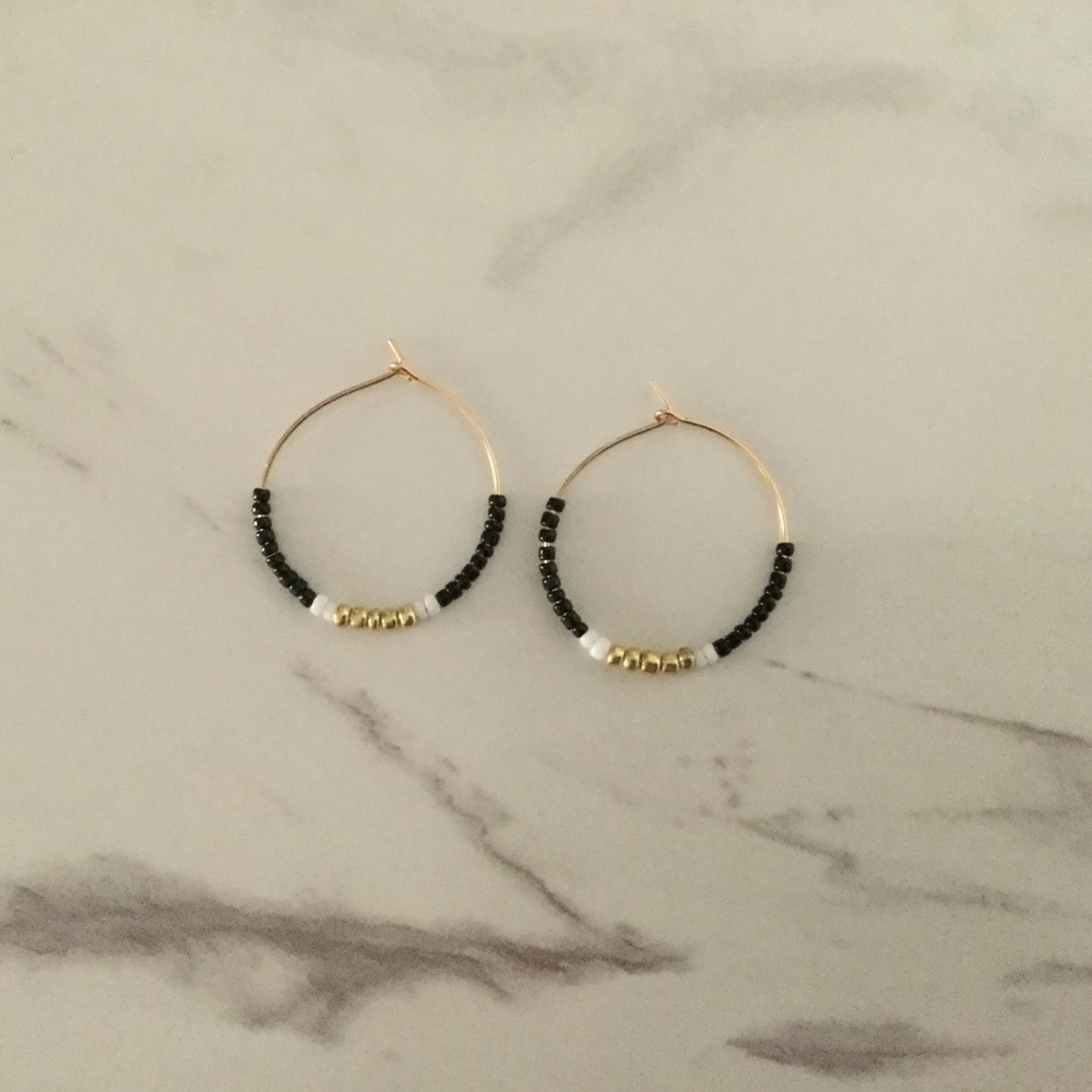 Black White & Gold Beaded Hoops